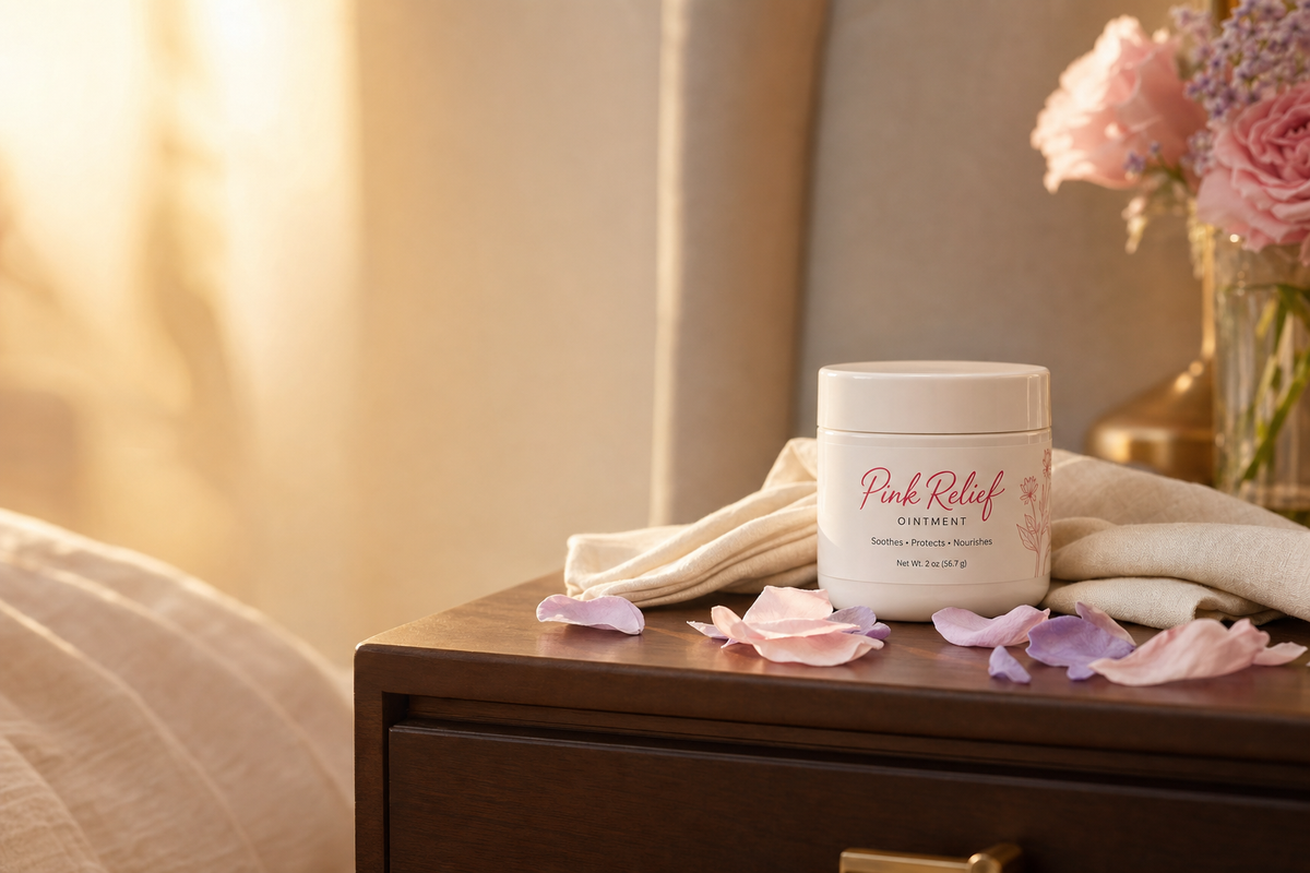 Pink Relief Ointment lifestyle bedside golden hour scene